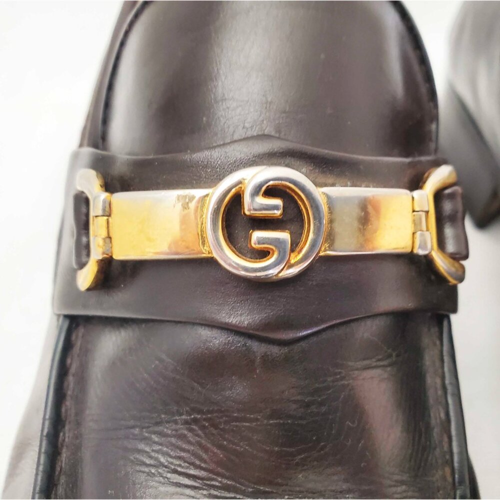 Vintage Gucci Men's Dark Brown Leather Loafers Shoes with Gold GG Buckle 42.5 - Picture 4 of 12